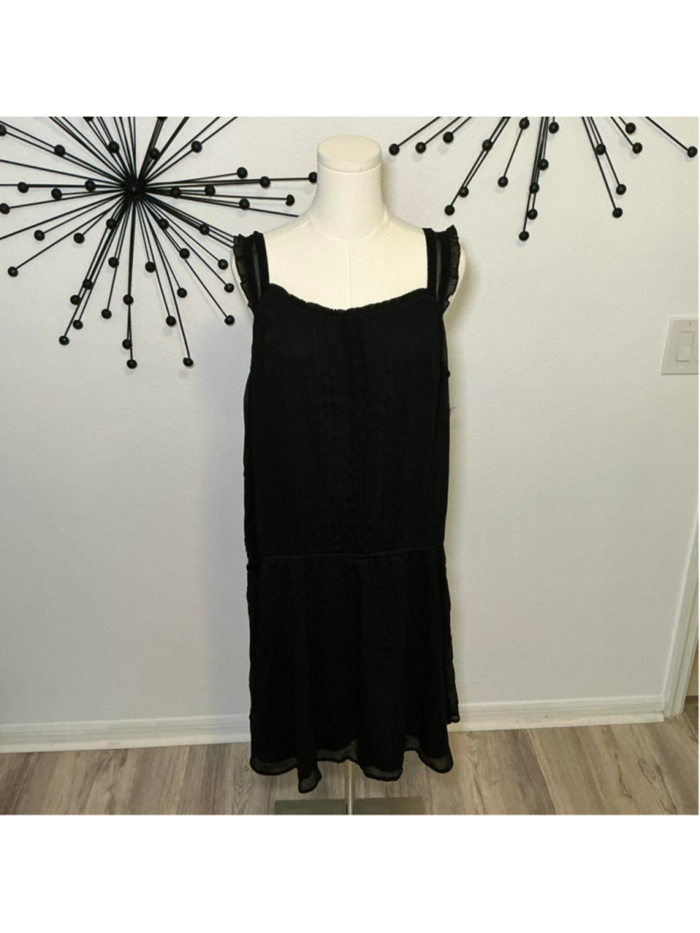 Old Navy Black Mini Dress XL Ruffle Strap Sheer Overlay Flowy